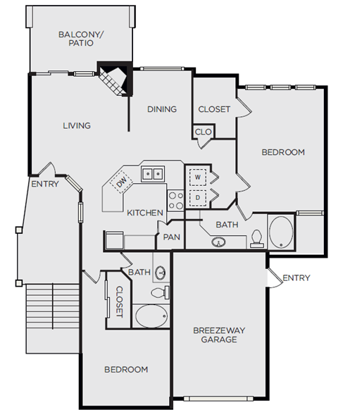 Floor plan for 2 beds, 2 baths, 1238 sqft